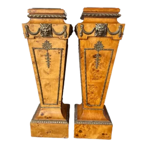 French Regency Style Pair of Burlwood Veneer Pedestal With Marble Top and Lion Head Brass Detail