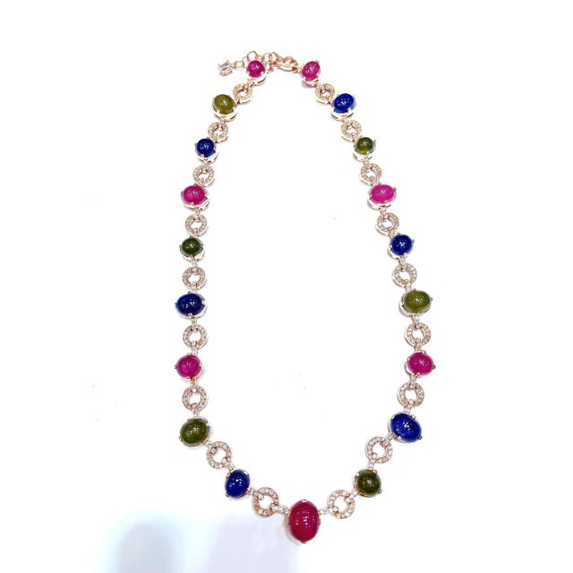 Bochic “Capri” Vintage Ruby & Multi Color Sapphire Necklace In 18K Gold & Silver For Sale - Image 4 of 15