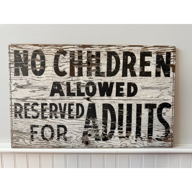 Vintage Hand-Painted "No Children Allowed – Reserved for Adults" Wooden Camp Sign For Sale - Image 15 of 15