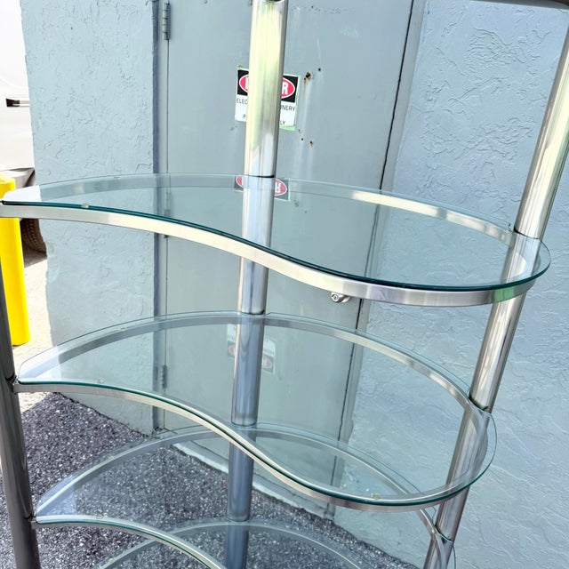 Postmodern Sculpted Brushed Metal Etagere/Bookshelf With Tear Drop Glass Shelves For Sale - Image 12 of 12