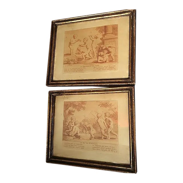 Early 19th Century French, Les Bouteilles De Savon, Paris Copperplate Engravings Cherub Children - Set of 2 For Sale