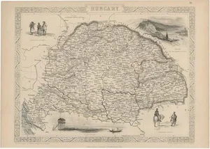 Engraved Map of Hungary with Decorative Vignettes, 1851