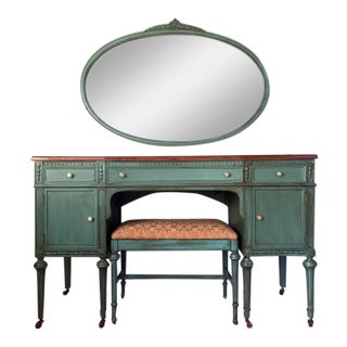Antique Make-Up Vanity With Mirror and Seat For Sale