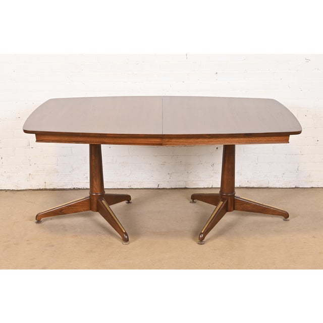 Kent Coffey Perspecta Mid-Century Modern Sculpted Walnut Double Pedestal Extension Dining Table, Newly Refinished For Sale - Image 12 of 12