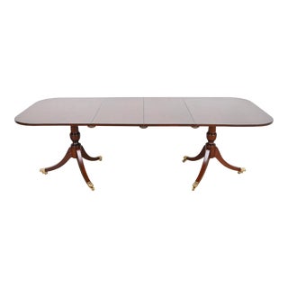 Baker Furniture Style Georgian Banded Mahogany Double Pedestal Extension Dining Table, Newly Refinished For Sale