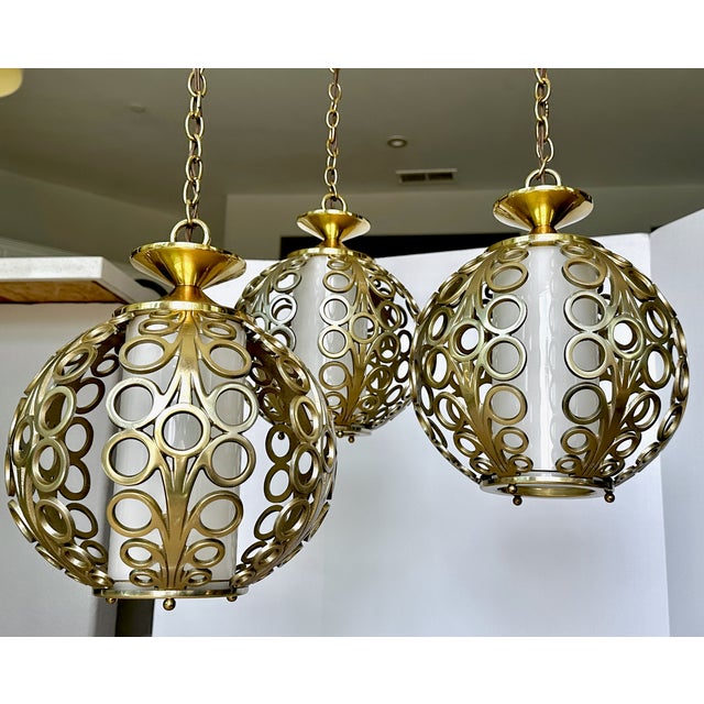 Trio (3) Mid-Century Hollywood Regency Pierced Brass Cluster Pendant Chandelier $4,500 For Sale - Image 14 of 18