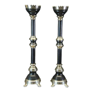 Pair of 1920s Art Deco Nickel & Ebony Floor Candlesticks Altar Sticks Claw Feet
