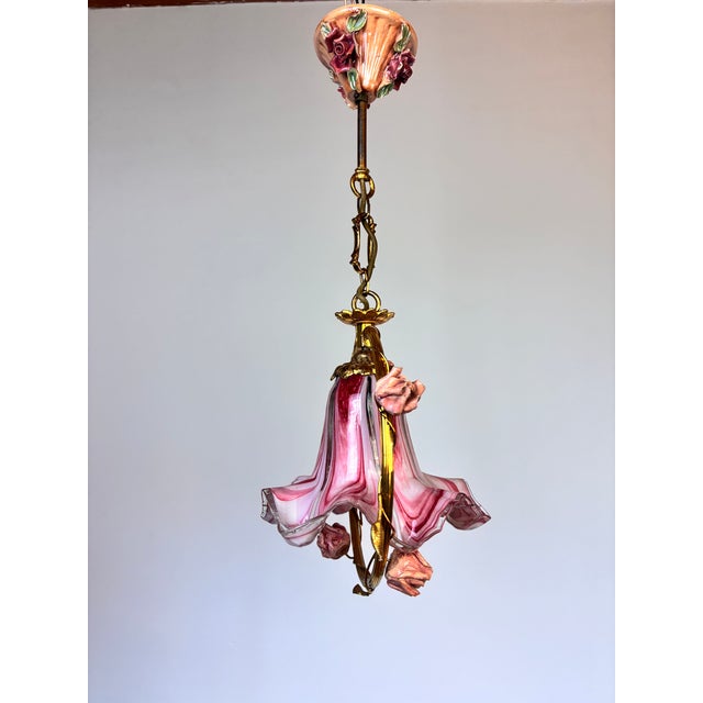 Pink ⁠1970s Vintage Italian Pink Murano Ruffled Glass and Ceramic Rose Chandelier⁠ For Sale - Image 8 of 17