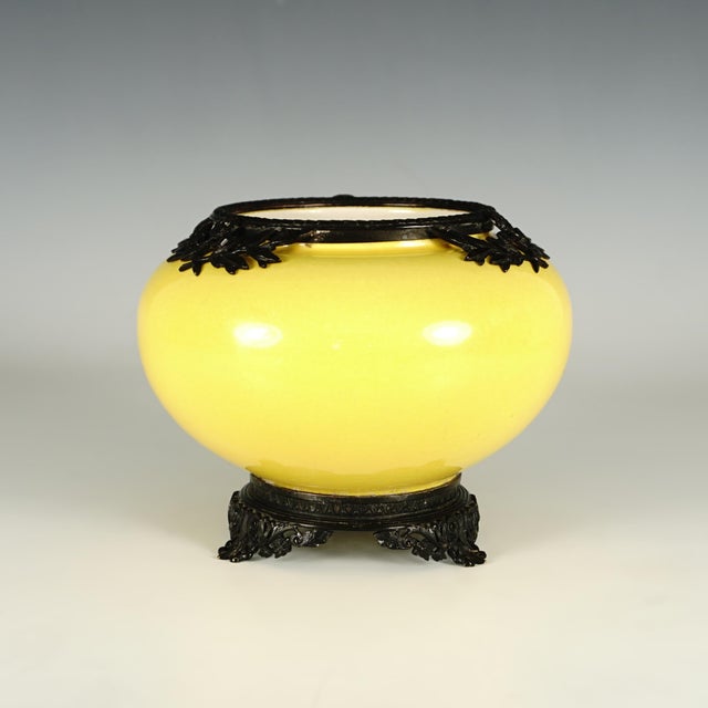 French Antique French Sevres Optat Milet Ceramic Rose Bowl Vase, Yellow Glaze, Blackened Bronze For Sale - Image 3 of 5