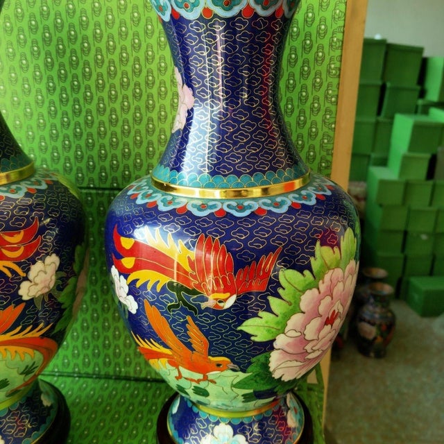 Asian Pair of Vintage Cloisonné Enamel Vases – Phoenix & Peony Motif, Sapphire Blue Ground For Sale - Image 3 of 10