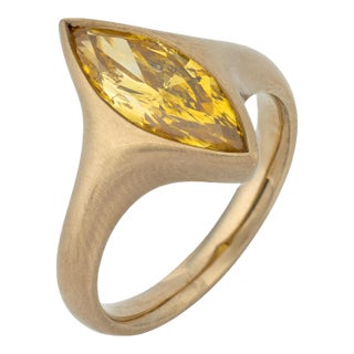 Gia 2.65 Carat Fancy Deep Orangy Yellow Marquise Cut Diamond Solitaire Ring, Size 7.75 For Sale