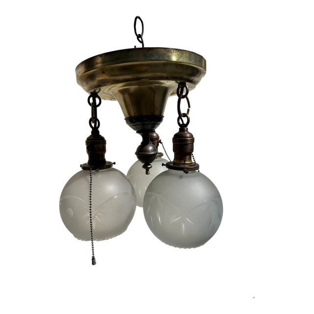 Vintage Three Light Brass Semi-Flush Mount Fixture With Vintage Shades For Sale