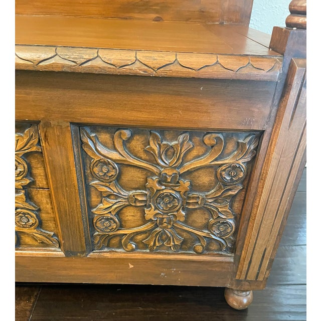 Wood Antique Hand-Carved Wood Storage Bench For Sale - Image 7 of 16