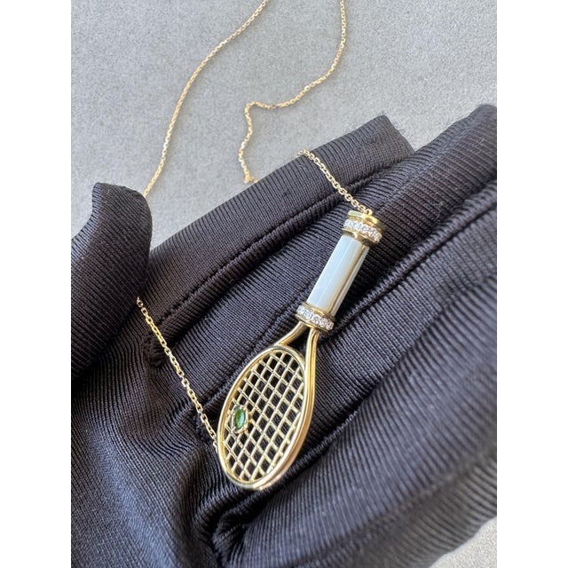 Diamond White Pearl Emerald 18 Karat Gold Tennis Racket Charm Pendant Necklace For Sale - Image 14 of 17