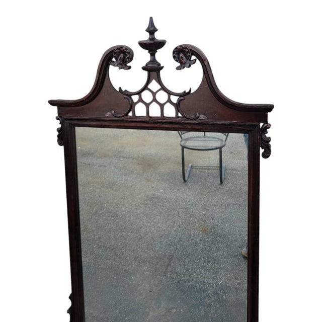 Antique 1920s Chippendale Carved Mahogany Wall Mirror Pediment Crest Mirror For Sale - Image 10 of 16
