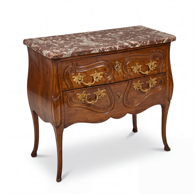 Italian Carved Walnut Rouge Marble Top Commode With French Styling For Sale - Image 10 of 11