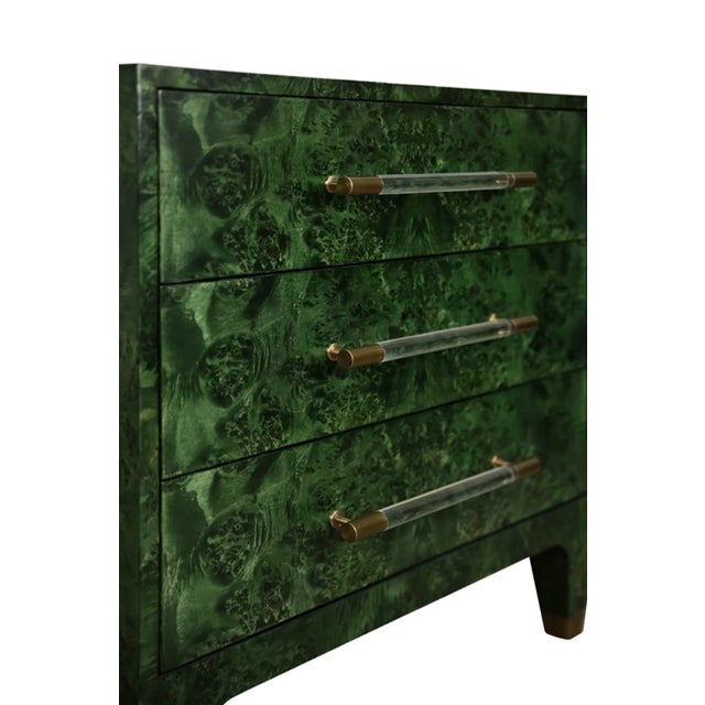 Brand new special order item. Not vintage. A stunning three-drawer side table crafted from rich emerald burl wood,...