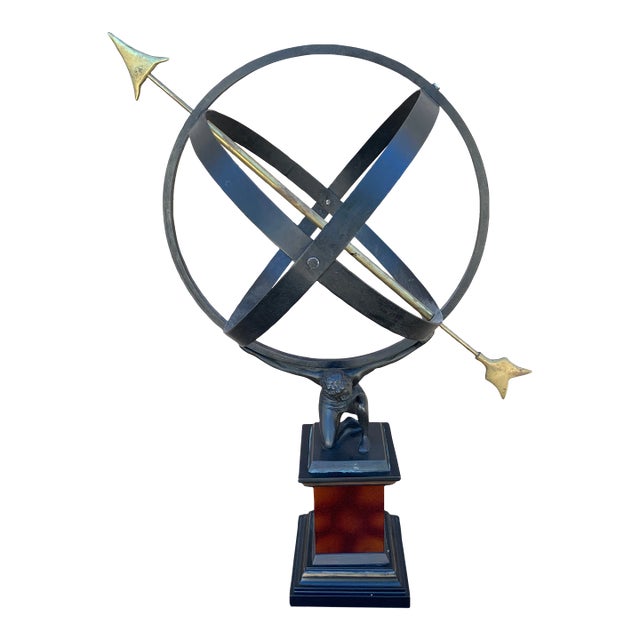 Vintage English Country Iron Garden Armillary Sundial Held by Atlas For Sale