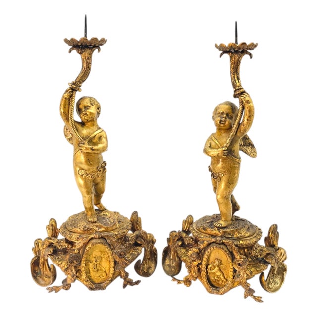 19th C French Gilt Bronze Cherub Putti Candlestick Pair 14" For Sale