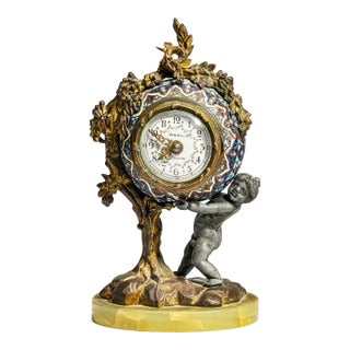 Beautiful Antique French Figural Cherub Table Clock Green Onyx Cloisonné Enamel Dial Victorian For Sale