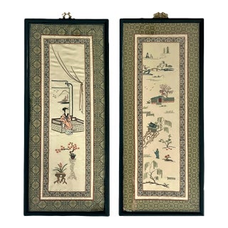 MId Century Chinese Hand Embroidered Silk on Gold Silk Figural & Landscaped Framed Wall Hangings / Panels, a Pair For Sale