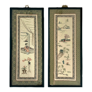 MId Century Chinese Hand Embroidered Silk on Gold Silk Figural & Landscaped Framed Wall Hangings / Panels, a Pair