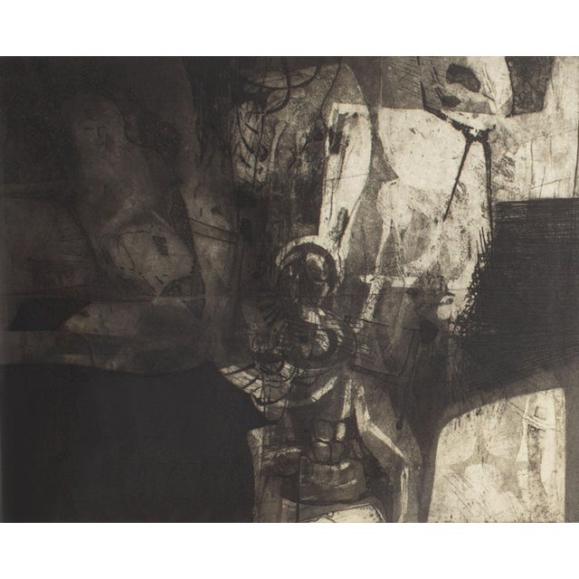 An aquatint print by the Canadian artist Walter Sorge (1931-2021). Titled "Studio," this broody abstract work depicts...