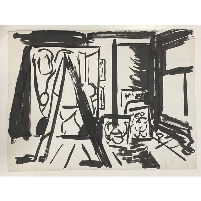 Studio interior painting on paper by New York abstract expressionist painter Richard Synder (1951-2021). Signed lower right..