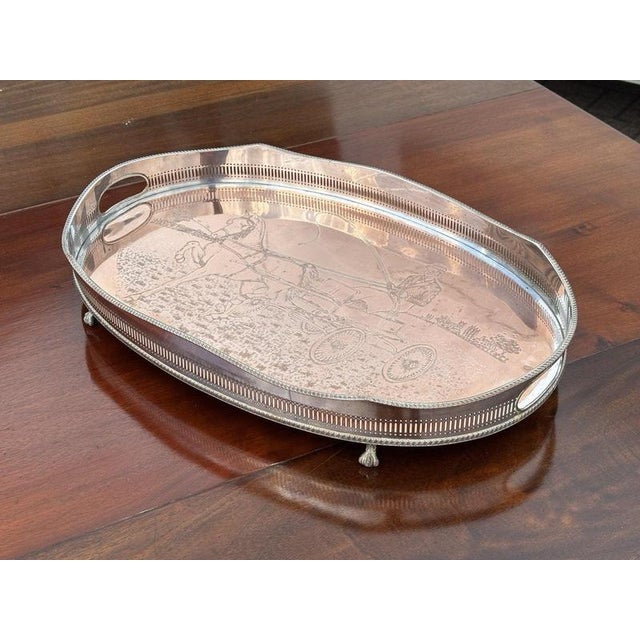 Copper Large Silver Plate Gallery Drinks Tray with Equestrian Copper Engraving For Sale - Image 8 of 9