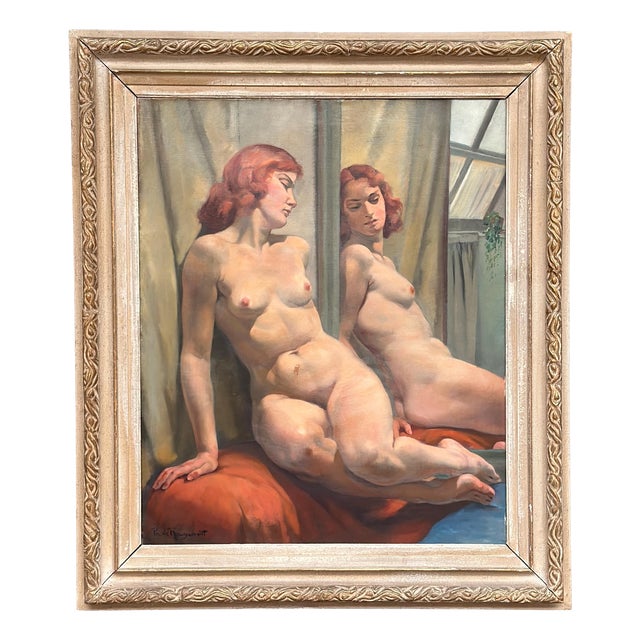 Philippe De Rougemont, Seated Woman at a Mirror, 1950s, Oil on Canvas, Framed For Sale