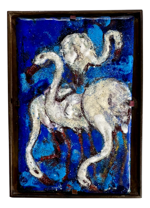 Small Enamel Art Painting with Flamingos in Brass Picture Frame, Italy, 1940s