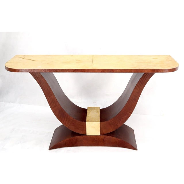 Decorative Mid-Century Modern Art Deco influence snake skin base and Goat skin top console sofa table.