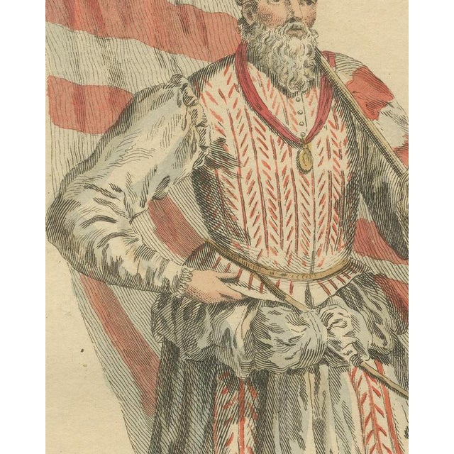 18th Century Jefferys, Ensign of the German Infantry with Red and White Flag, Costume of 1588, 1757, Engraving For Sale - Image 5 of 9
