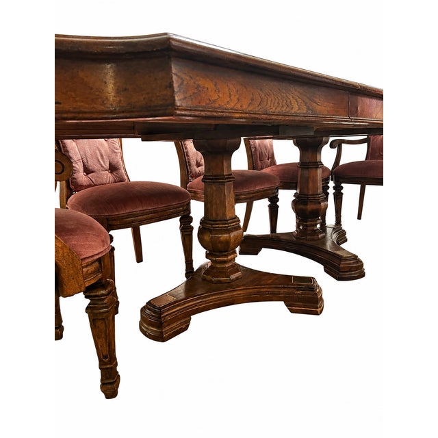 Vintage Figured Wood Double-Pedestal Dining Table With Eight Rose Upholstered Cane-Back Chairs — Nine-Piece Set For Sale - Image 15 of 18