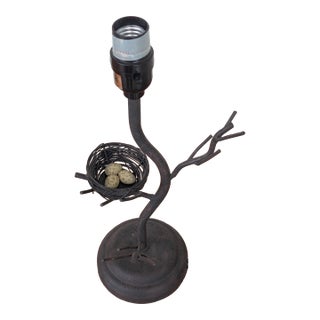 Vintage Rustic Metal Branch Lamp With Birds Nest and Speckled Eggs, No Shade, Whimsical Organic Desk / Table Lamp For Sale