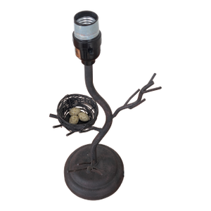Vintage Rustic Metal Branch Lamp With Birds Nest and Speckled Eggs, No Shade, Whimsical Organic Desk / Table Lamp