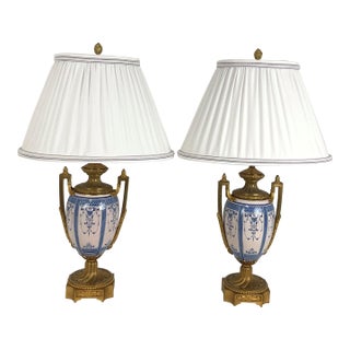 Vintage Gilt Bronze and French Porcelain Lamp Pair With Silk Shades For Sale