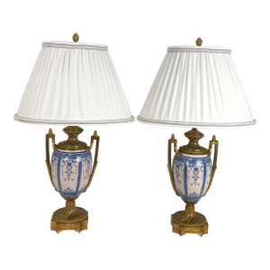 Vintage Gilt Bronze and French Porcelain Lamp Pair With Silk Shades