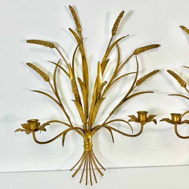 1950s 1950s Vintage Italian Hollywood Regency Wheat Sheaf Candle Holder Sconces - A Pair, 2 Arm For Sale - Image 5 of 17