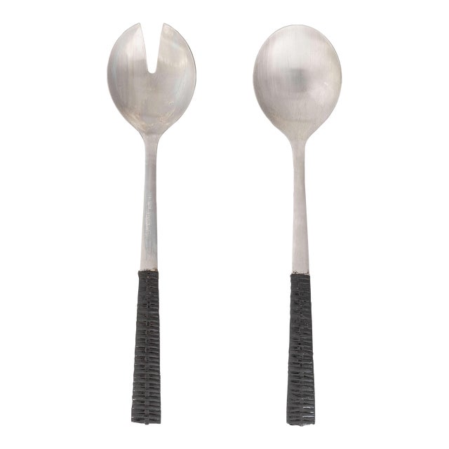 Artifacts Rattan Stainless-Steel Serving Pieces with Gift Box in Black - Set of 2 For Sale