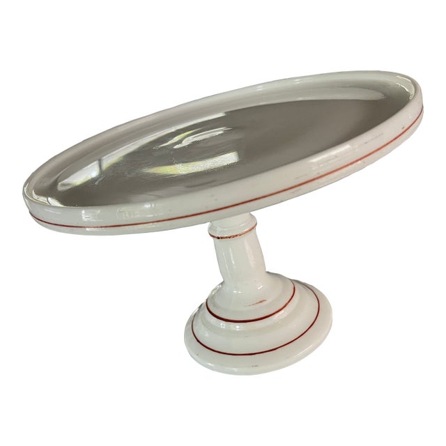 Vintage Milk Glass Footed Cake Plate With Red Detailing For Sale