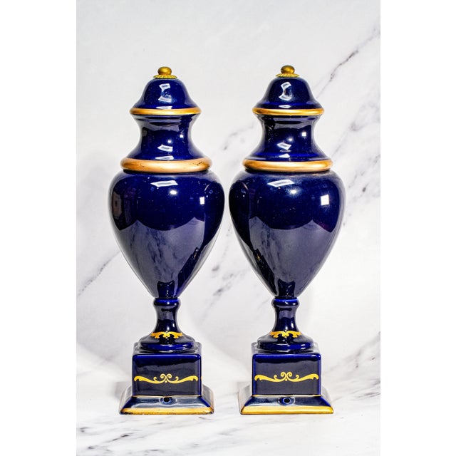 Ornate Decorative Pair Antique Italian Blue and Gold Hand Painted Urns Classical Scenes Mythology Home Decor For Sale - Image 13 of 18