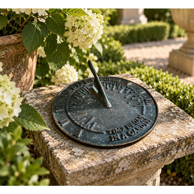 A classic vintage iron verdigris garden sundial inspired by traditional English estate landscapes, reading "Time Began in...