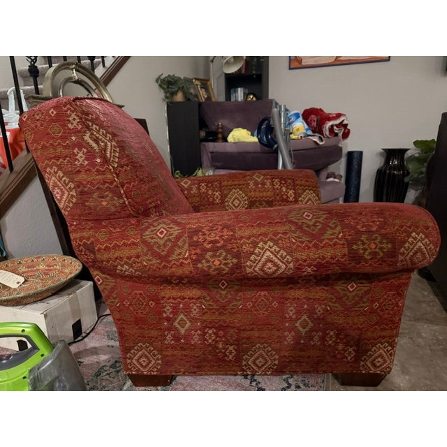 1990's Vintage Club Chair. Wonderful condition. Newly cleaned. Southwestern kilim rug style upholstery. This chair is so...