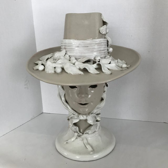 Vintage Glazed Pottery Woman Wearing a Hat Sculpture For Sale - Image 13 of 13