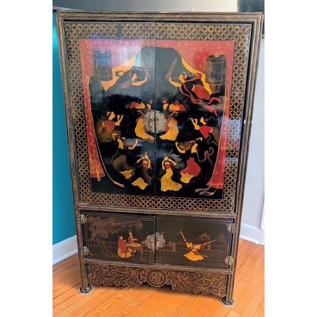 Vintage Chinese Chinoiserie Black Lacquer Armoire Cabinet For Sale - Image 4 of 14