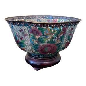 Antique Translucent Cloisonné Enamel Glass and Brass Bowl. Made in China
