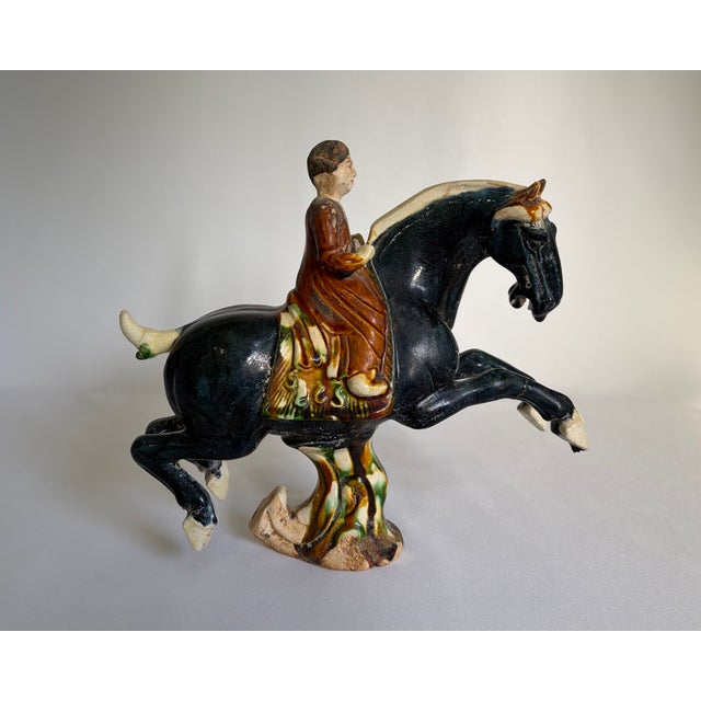 Black Chinese Tang-Style Sancai Glazed Horse and Rider Figurines - Pair For Sale - Image 8 of 10