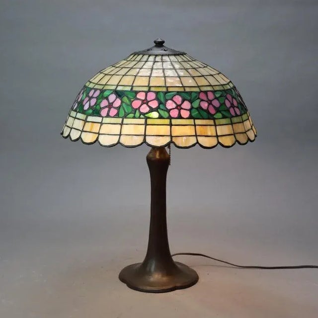 Antique Handel Bronze Table Lamp with Unique Floral Leaded Glass Shade C1930 Measures- 22.75"H x 17.75"W x 17.75"D