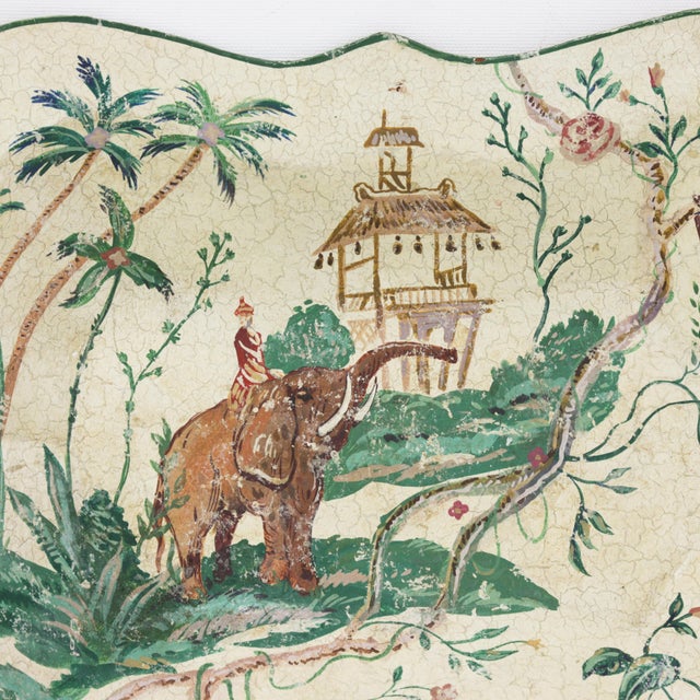 Cream Vintage Scalloped Decorative Tray With Hand-Painted Elephant and Jungle Motif For Sale - Image 8 of 12